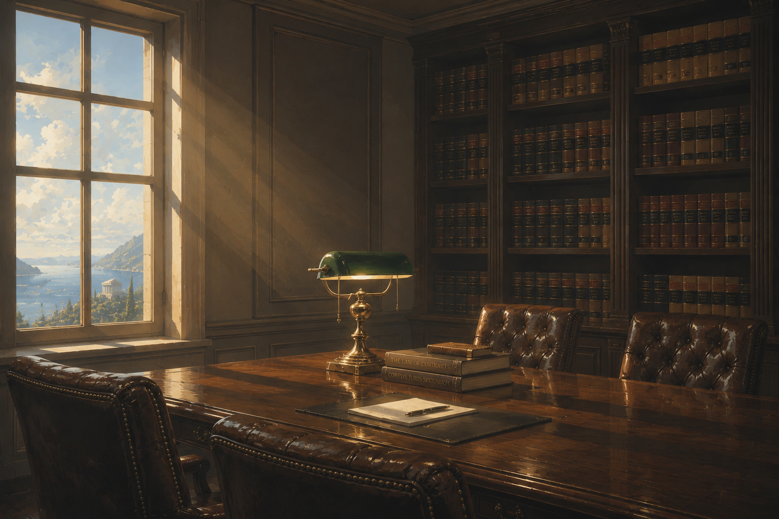 A sunlit library with a brass lamp, leather chairs, and a coastal view through the window