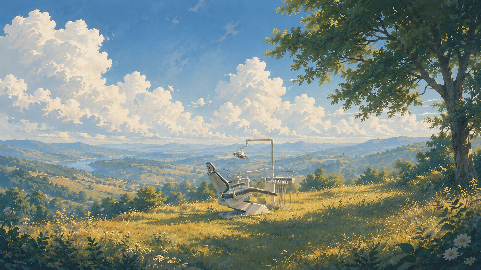A dental chair on a sunlit hillside meadow, with rolling hills and clouds beyond