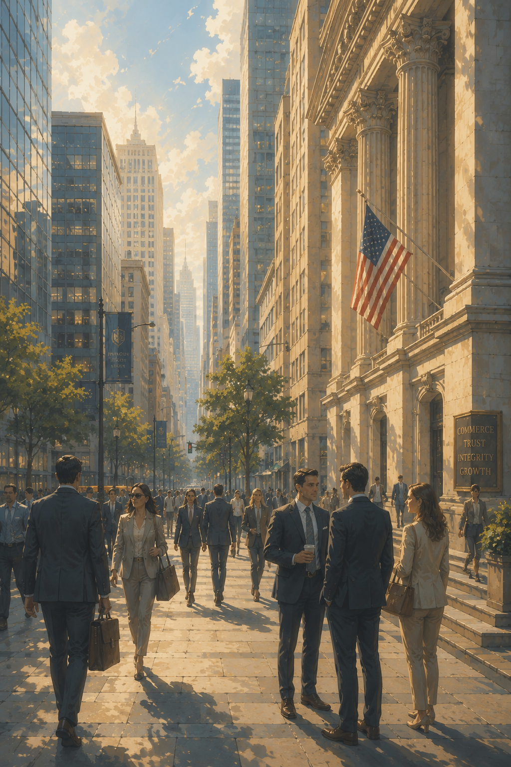 Professionals on a sunlit city street before a columned building