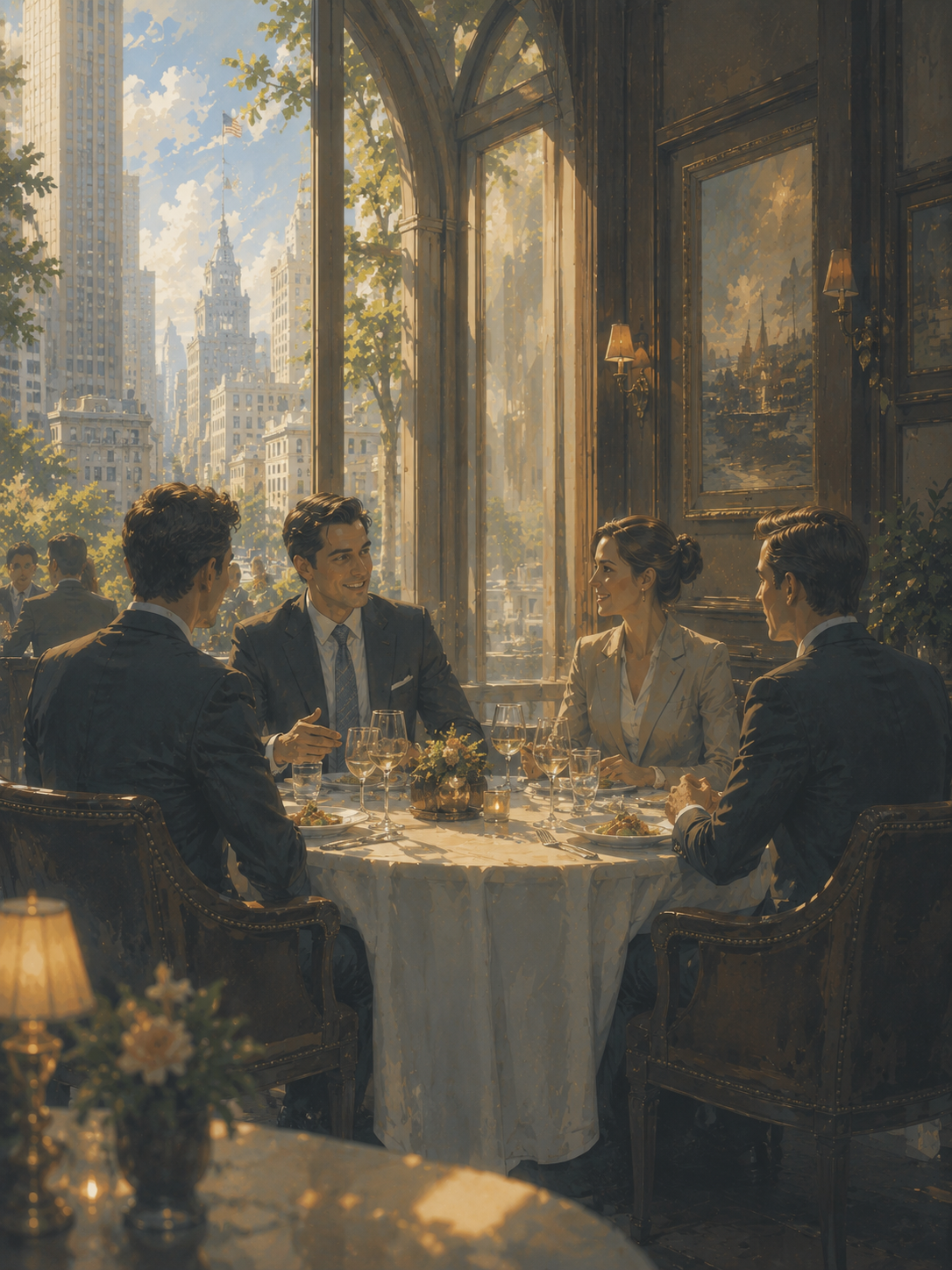 Professionals and a client over lunch at a sunlit window table, the city beyond